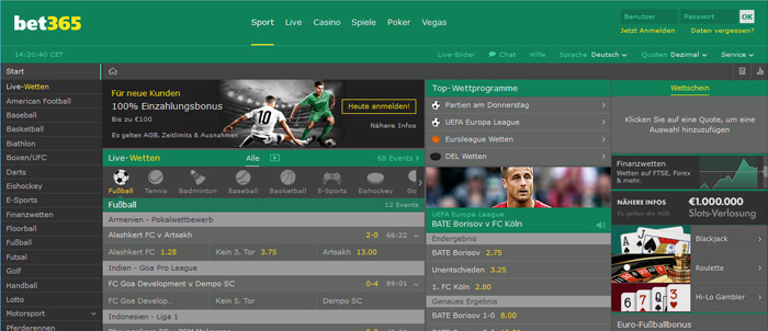 Ausschnitt Bet365 Wettseite Die Wettseite von Bet365 Sportwetten
