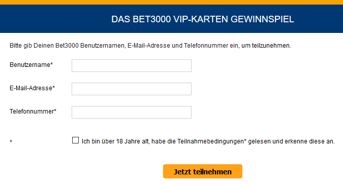 Bet3000 VIP Karten Gewinnspiel