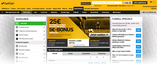 Die Wettseite von Betfair