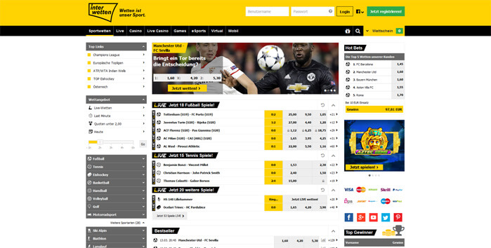 Ausschnitt Interwetten Wettseite Die Wettseite von Interwetten Sportwetten
