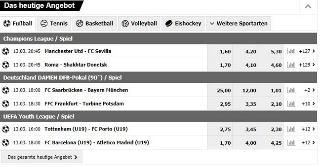 Ausschnitt aus dem Wettprogramm von Interwetten Das Wettprogramm von Interwetten