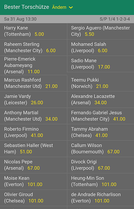Wer wird Premier League Torschützenkönig? Meister Wetten England