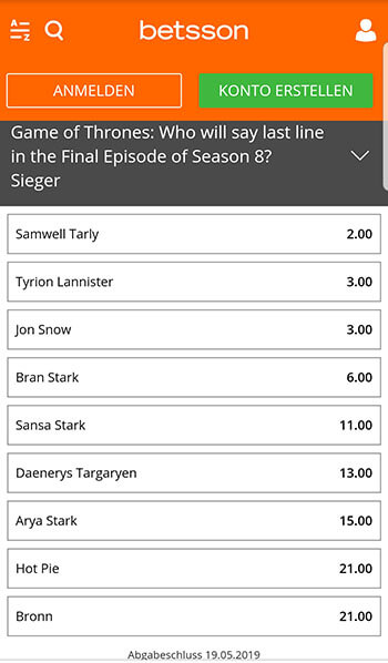 Game of Thrones Wettquoten bei Betsson