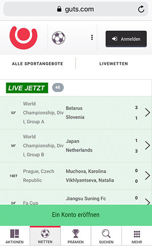 Screen mobile Sportwetten App Guts