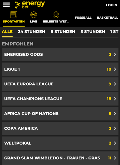 Energybet Wettprogramm Übersicht