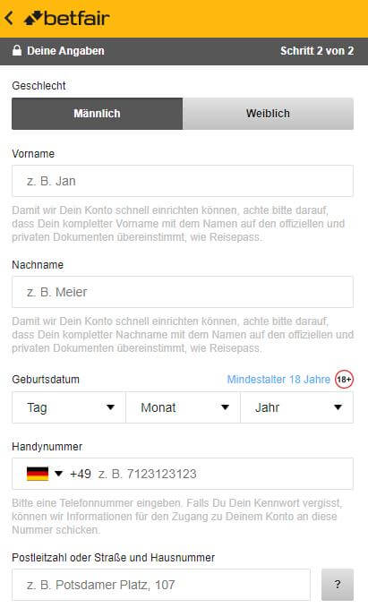 Betfair Registrierung mobil