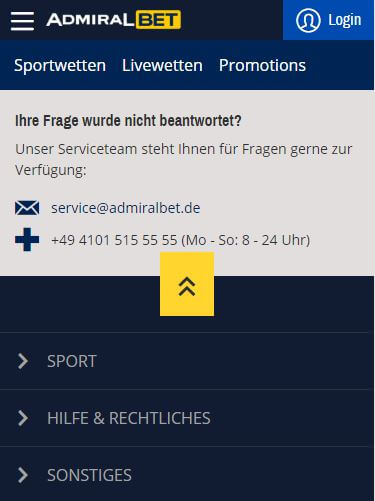 Interfaccia di Admiralbet con opzioni di contatto