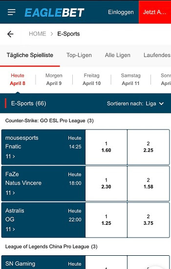 Eaglebet Esports Screen