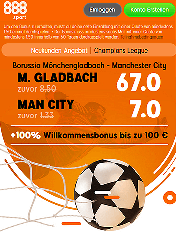 888Sport Quotenboost zu Gladbach - Manchester