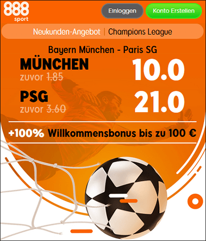 888Sport Quotenboost zu Bayern - PSG