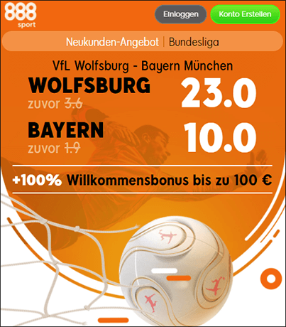 Hier geht's zum Wolfsburg - Bayern Quotenboost bei 888Sport! 888Sport Quotenboost zu Wolfsburg - Bayern