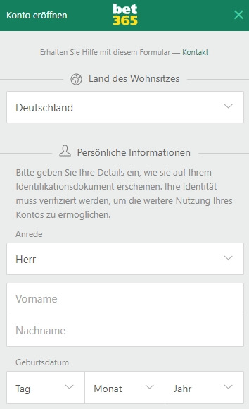 Bet365 Sportwetten Registrierung mobil