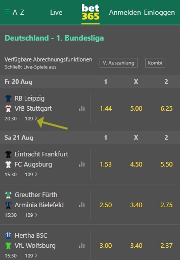 Bet365 Wettenauswahl