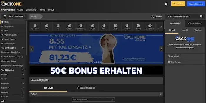 JackOne Sportwetten Webseite