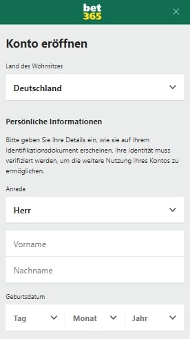 Bet365 Sportwetten Registrierung mobil