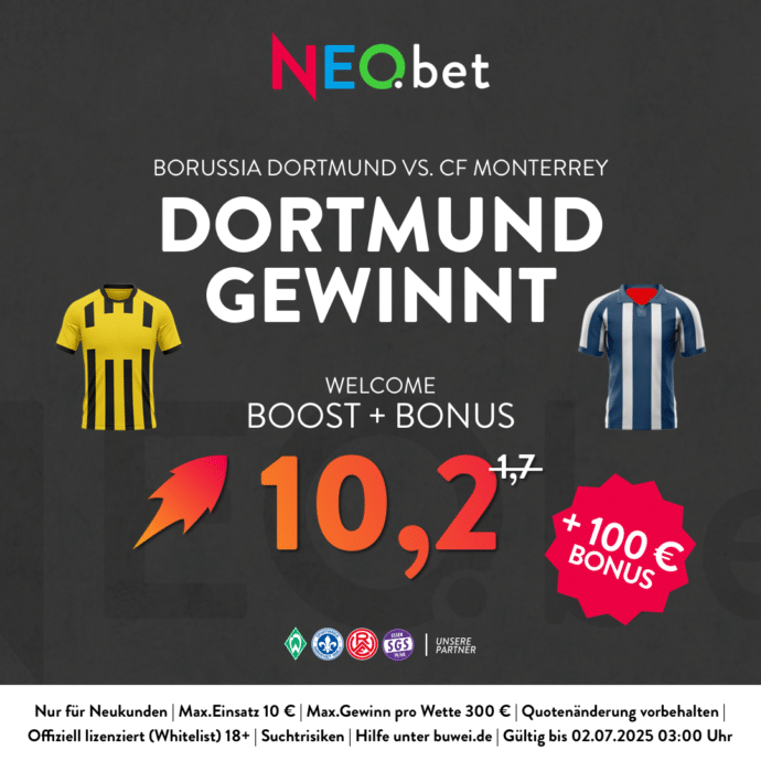 500% Quotenboost zu Dortmund vs. Monterrey mit NEO.bet