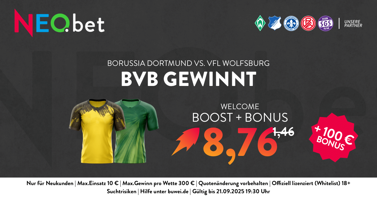 500% Quotenboost zu Dortmund vs. Wolfsburg mit NEO.bet