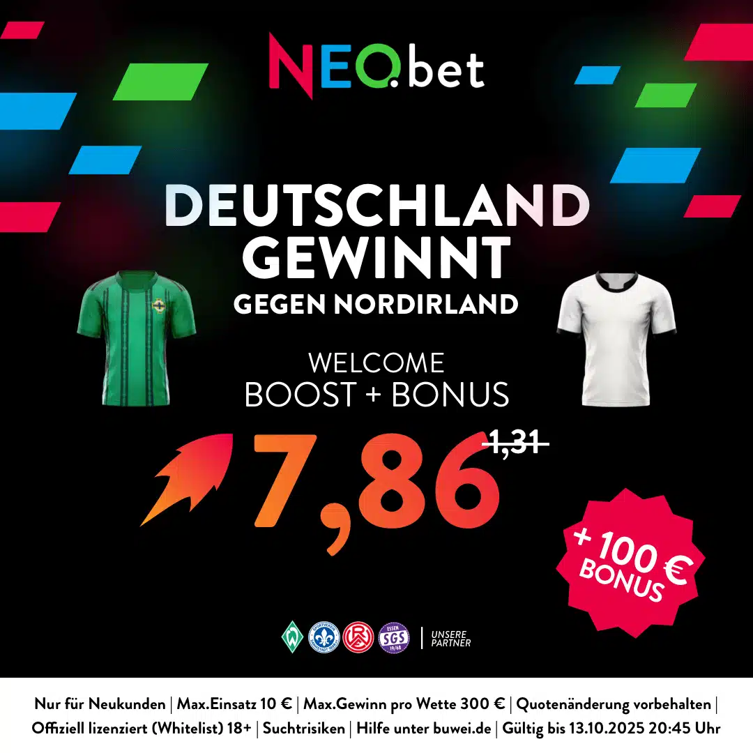 Jetzt mit NEO.bet 500% Quotenboost sichern 500% Quotenboost zu Nordirland vs. Deutschland mit NEO.bet