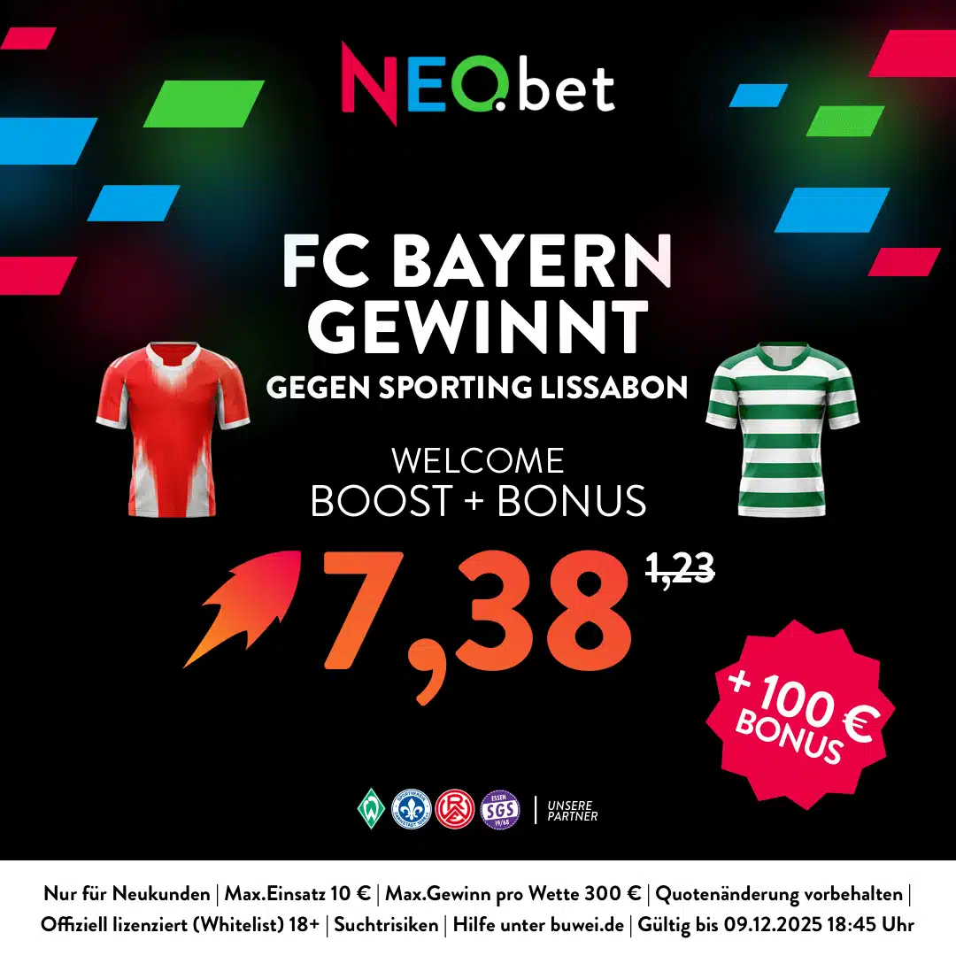 Jetzt mit NEO.bet 500% Quotenboost sichern 500% Quotenboost zu Bayern - Lissabon mit NEO.bet