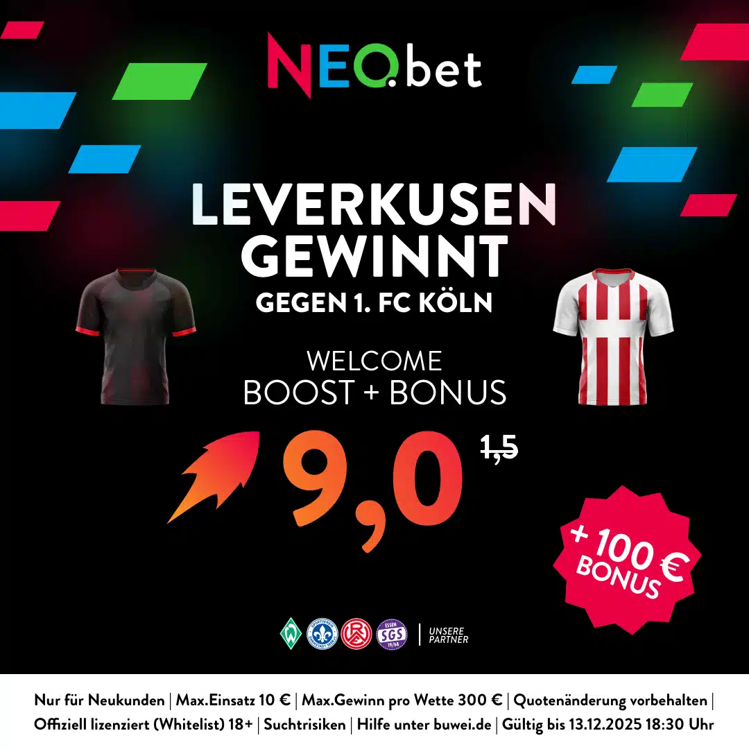 Jetzt mit NEO.bet 500% Quotenboost sichern 500% Quotenboost zu Leverkusen - Köln mit NEO.bet