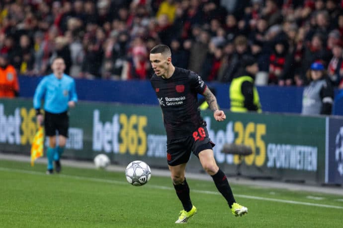 Tor Alejandro Grimaldo / Leverkusen St. Pauli Prognose (© Mika Volkmann) Leverkusen St. Pauli Tipp