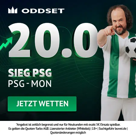 Jetzt den Oddset Quotenboost sichern 20.0 Quotenturbo zu PSG - Monaco bei Oddset