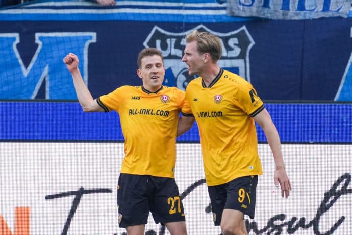 2. Liga Prognosen zum 28. Spieltag der Saison 2025/26 Bild zeigt Niklas Hauptmann, Vincent Vermeij / Dresden (© dpa/Alamy Live News) Experten 2. Liga Prognosen 28. Spieltag