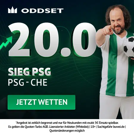 Jetzt den Oddset Quotenboost sichern 20.0 Quotenturbo zu PSG - Chelsea bei Oddset