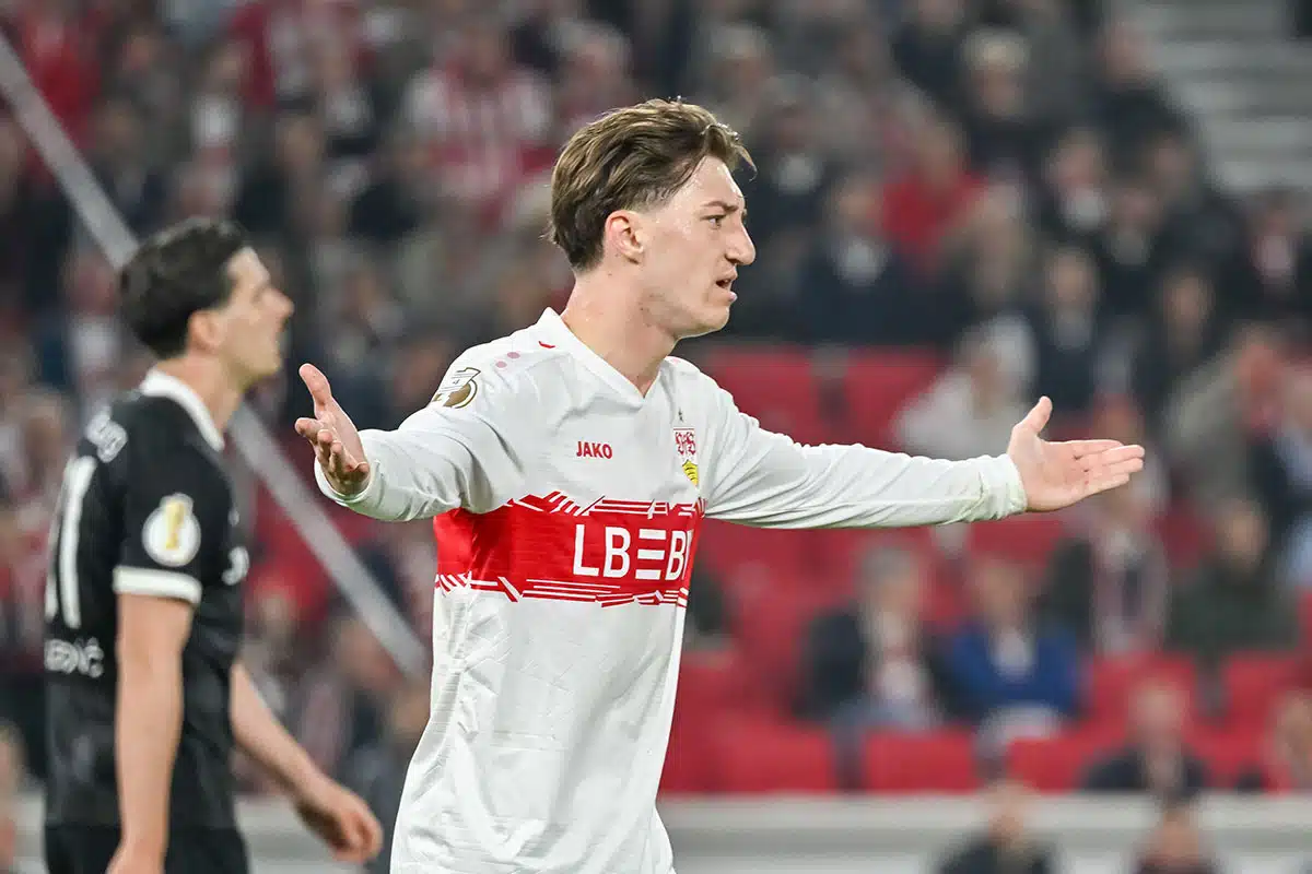 Bild zeigt Angelo Stiller / Stuttgart Leverkusen Prognose (© Eibner-Pressefoto/Thomas Hess) Stuttgart Leverkusen Tipp