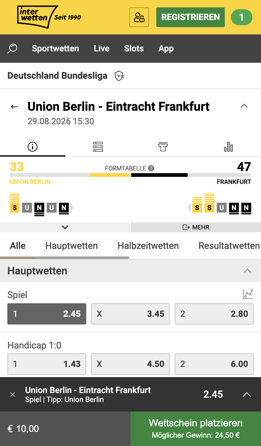 Interwetten Wettprogramm und Quoten für Fußballwetten