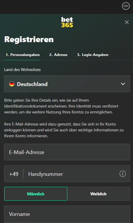 Bet365 Sportwetten Registrierung mobil