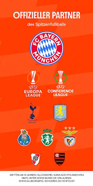 Betano Sponsoring-Grafik (FC Bayern München, UEFA Europa League, UEFA Conference League, Tottenham, Aston Villa, FC Porto, Sporting CP, Benfica, River Plate, Flamengo)