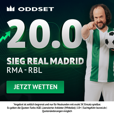 Jetzt den Oddset Quotenboost sichern 20.0 Quotenturbo zu Real Madrid - RB Leipzig bei Oddset