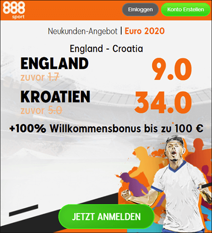 888Sport Quotenboost zu England - Kroatien