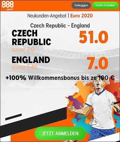 888Sport Quotenboost zu Tschechien - England