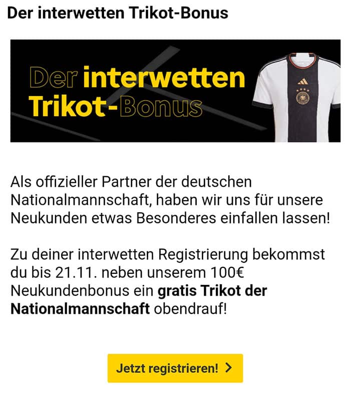 Interwetten: 100% Bonus bis 100 Euro und DFB Trikot