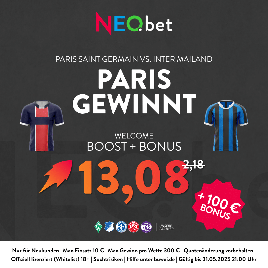 500% Quotenboost zu PSG vs. Inter mit NEO.bet