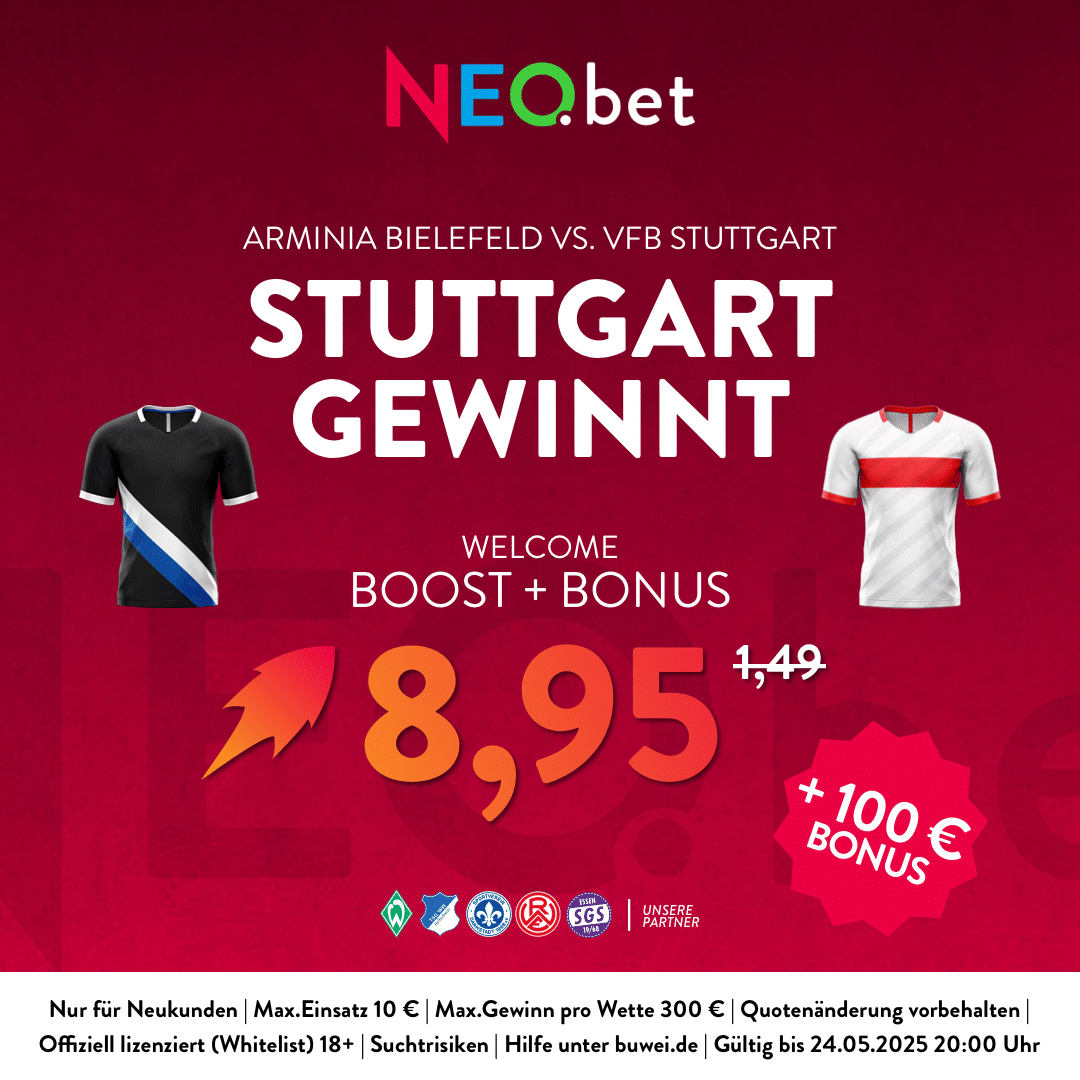 500%  Quotenboost zu Bielefeld vs. Stuttgart mit NEO.bet Bonuscode wetten500