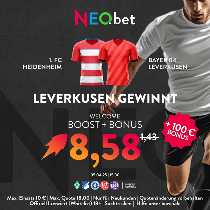 500%  Quotenboost zu Heidenheim vs. Leverkusen mit NEO.bet Bonuscode wetten500