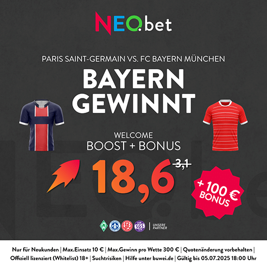 500% Quotenboost zu PSG vs. Bayern München mit NEO.bet