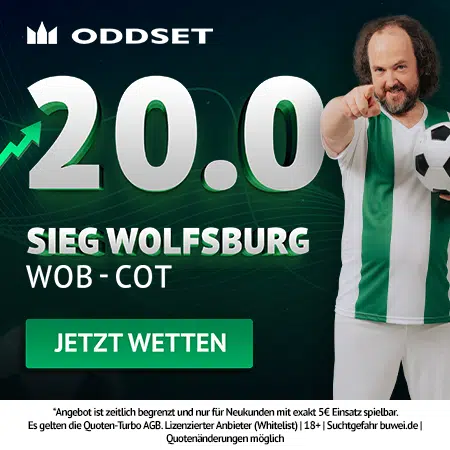 Jetzt den Oddset Quotenboost sichern 20.0 Quotenturbo zu Wolfsburg - Cottbus bei Oddset
